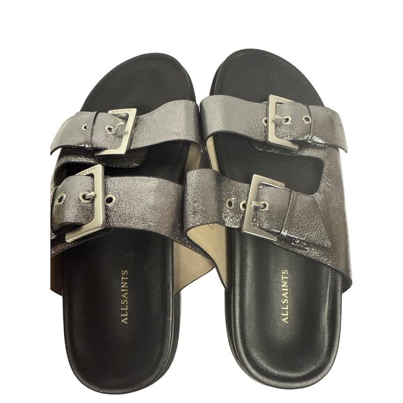 AllSaints Mia Metallic Strap Women's Sandal Slide Buckle Silver Black EU 39 8.5 - Picture 7 of 12